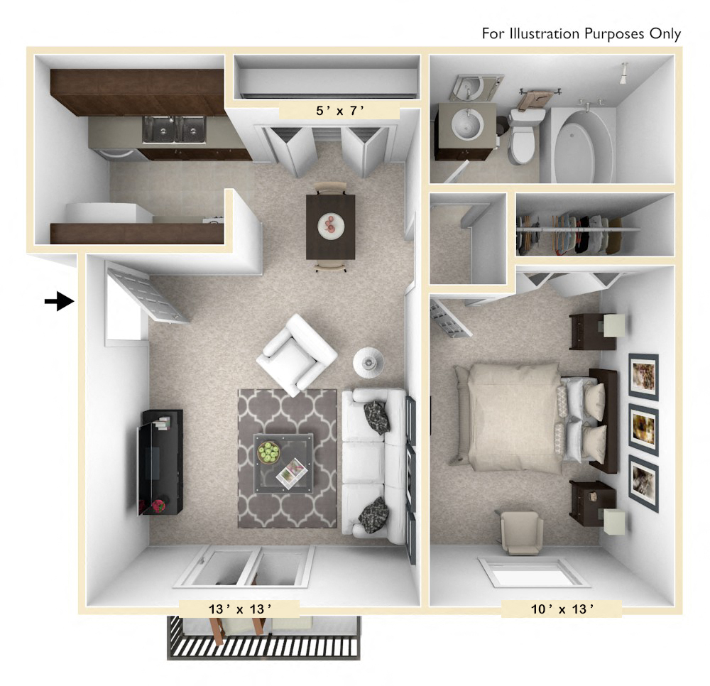 Floor plan for 1 bed, 1 bath, 528 sqft